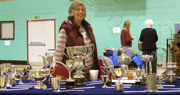 Jane Lloyd, Cup Steward for the Championship Show with the cups.