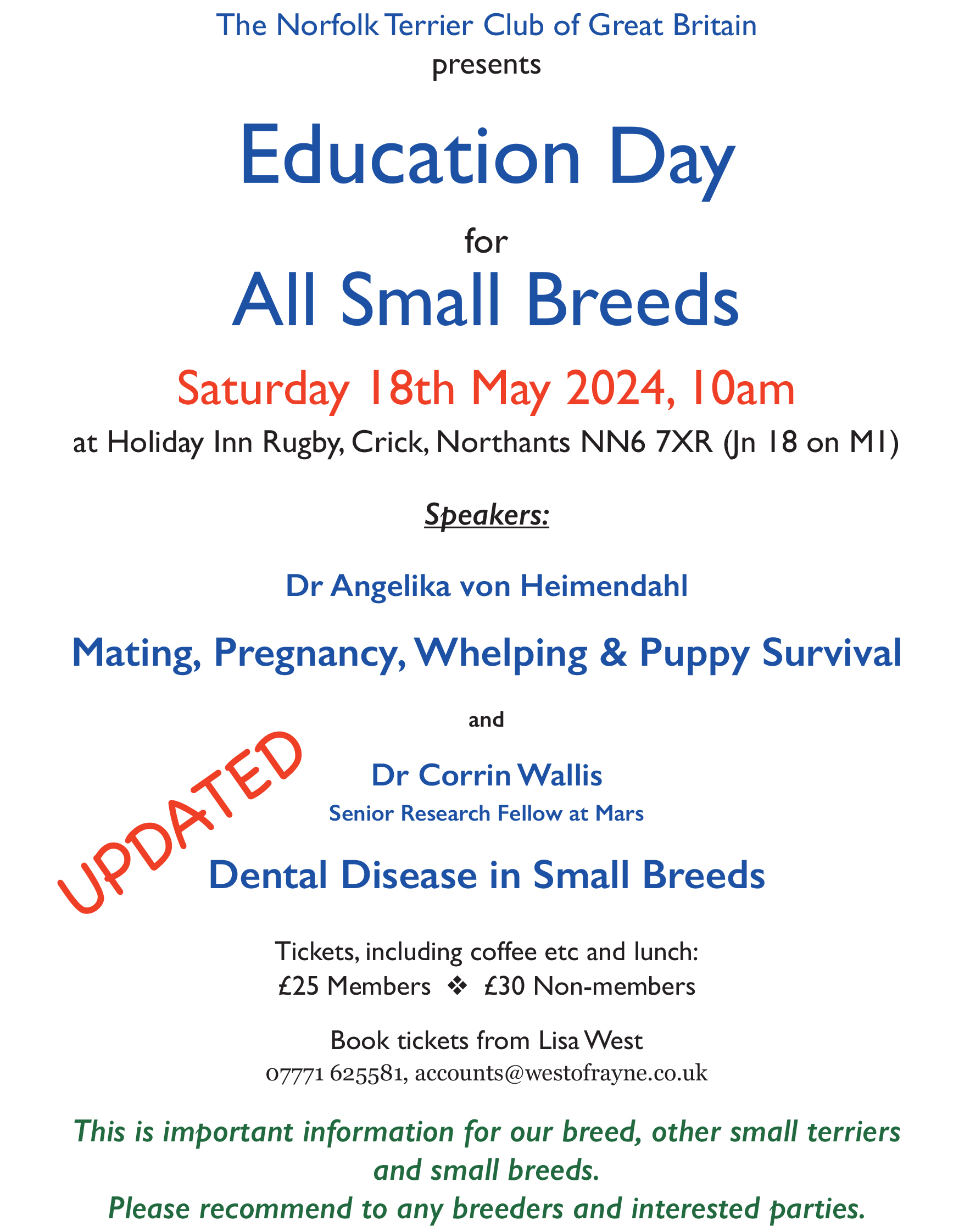 Details of the Education Day for small breeds, 18th May 2024 at Rugby Holiday Inn